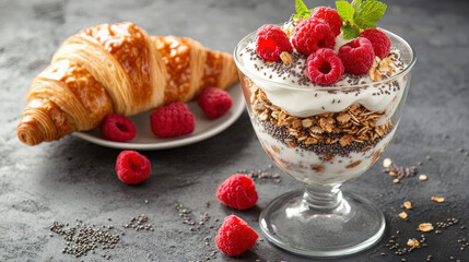 A varied and healthful breakfast idea. croissants, granola parfait with yoghurt, chia seeds, and raspberries, and text space