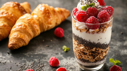 A varied and healthful breakfast idea. croissants, granola parfait with yoghurt, chia seeds, and raspberries, and text space