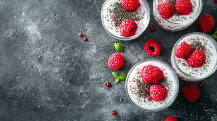A concept for a healthy breakfast. Granola parfait with raspberries, chia seeds, and yoghurt, with writing space