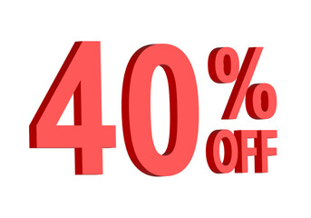 40 percent off discount text graphic in bold red 3D letters, for promotional sale banner icon, coupons, and special offers, marketing design element, boosting savings and shopping deals	