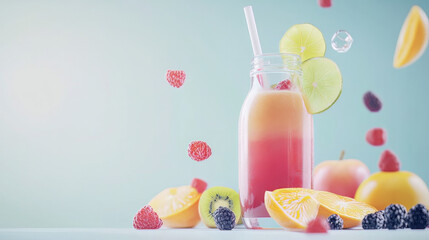 A nutritious fresh fruit smoothie in a bottle with a tubule set is shown on a white table. Various Flavours & Ingredients in a Glass Container The Apple Lime Orange Kiwi Raspberry Blackberry 