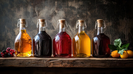 Numerous fruit and berry juice bottles, an antique wooden backdrop, and selective focus