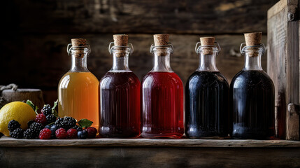 Numerous fruit and berry juice bottles, an antique wooden backdrop, and selective focus