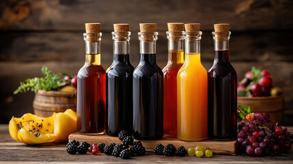 Numerous fruit and berry juice bottles, an antique wooden backdrop, and selective focus