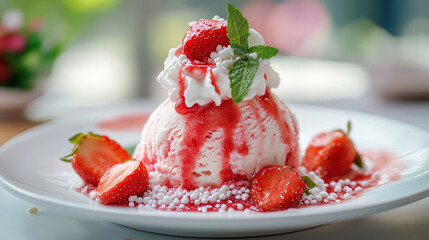 strawberry ice cream topped with mint and a tiny bit of whipped cream. Extra strawberries, strawberry sauce, and white sprinkles on top.