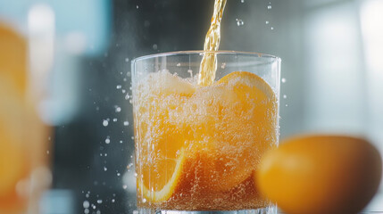 An image of fresh orange juice being poured into a glass in slow motion