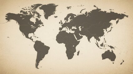 Mapa mundial featuring dark brown continents on a parchment-toned background, suitable for vintage aesthetics, historical maps, cultural displays, or retro design elements in classic interiors.