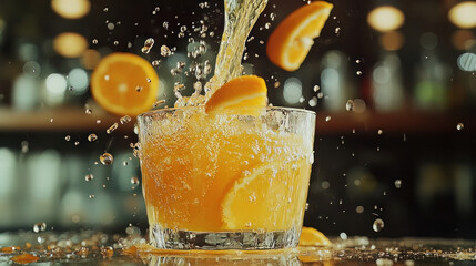 An image of fresh orange juice being poured into a glass in slow motion