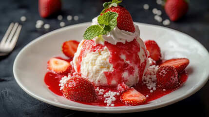 strawberry ice cream topped with mint and a tiny bit of whipped cream. Extra strawberries, strawberry sauce, and white sprinkles on top.