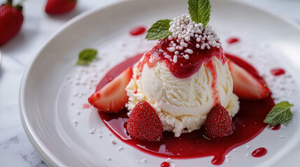 strawberry ice cream topped with mint and a tiny bit of whipped cream. Extra strawberries, strawberry sauce, and white sprinkles on top.