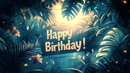 Fototapeta premium A digital illustration birthday banner, jungle theme with hibiscus vines and monstera leaves hanging from above, bold 