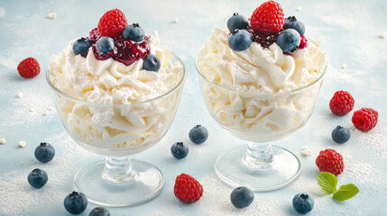 Eton Mess is a classic summer dessert. Over a light blue concrete backdrop, two glasses of broken meringue with whipped cream, berry jam, fresh blueberries, and raspberries are displayed. Square pictu