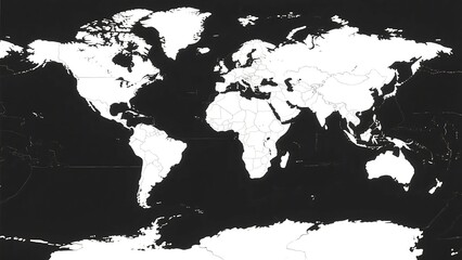 Mapa mundial with bold black oceans and bright white continents, suitable for high-contrast displays, modern geographic illustrations, monochrome posters, and minimalist design-focused visual media.