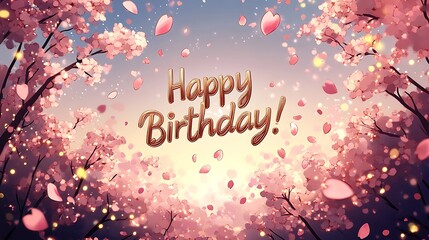 Obraz premium A digital painting of sakura trees in bloom, petals drifting across a sky gradient, ornate gold “Happy Birthday!” script in center, glowing bokeh lights in background.