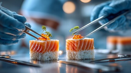 Sushi decorated with surgical precision using tweezers in laboratory setting by gloved hands. Concept of food science, gourmet perfection, and surreal culinary innovation