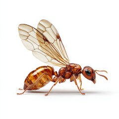 Fototapeta premium Close-up of a winged ant with translucent wings against a white background.