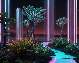 Glowing Futuristic Plants Digital Illustration Ai