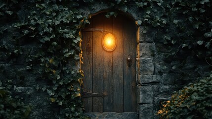 An ancient stone door covered in ivy