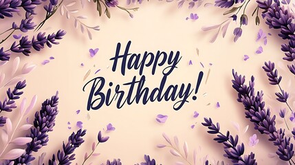 Obraz premium A minimalist birthday banner, delicate lavender sprigs arranged at the corners, elegant handwritten “Happy Birthday!” text in white cursive at the center, soft pastel beige background.