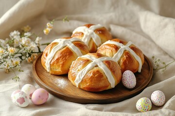 A plate of hot cross buns, with one bun adorned in white icing and two others decorated like Easter eggs