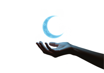 Magical Hand Holding Glowing Moon and Stars Transparent Background
