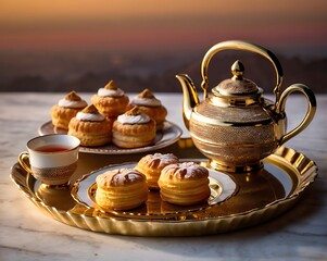 Golden Tray with Tea Set and Pastries at Dusk