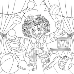 Vector illustration, clown in the circus juggles balls, coloring