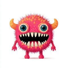 Obraz premium Cartoon Monster with Horns and Large Teeth Standing on White Background