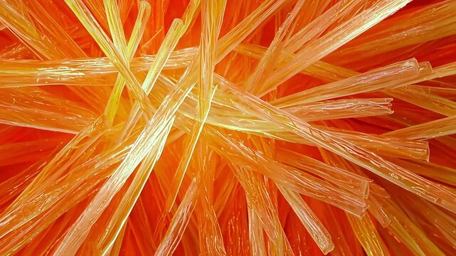 Close-up of tangled, translucent orange strands, resembling shiny plastic or candy