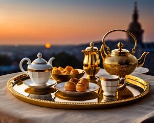 Golden Tray with Tea Set and Pastries at Dusk