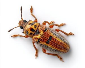 Detailed close-up of a striking orange and black beetle against a stark white backdrop.