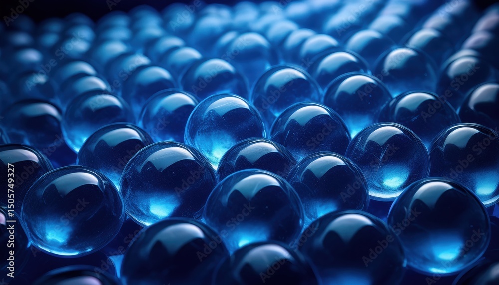 Poster glossy blue gel spheres macro close-up with luminous highlights for abstract background, web design 