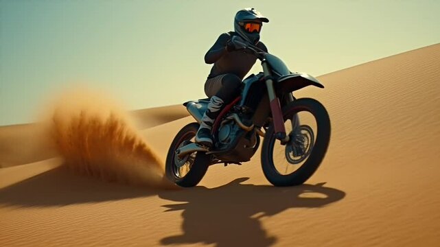 Motocross biker riding a sleek dart motorcycle across golden sand. Suitable for marketing or business purposes