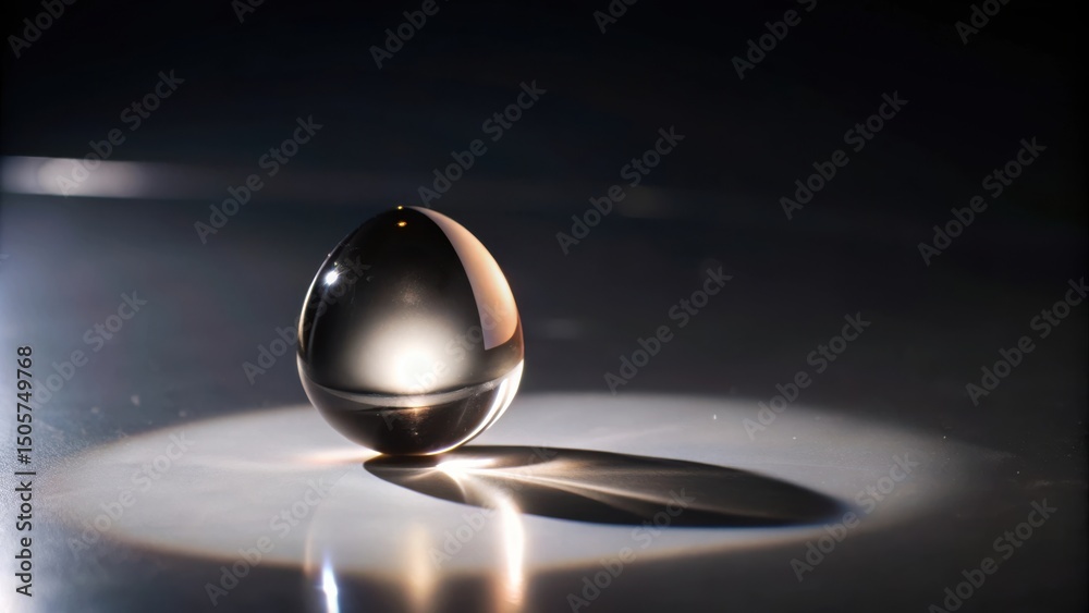 Poster A single, clear, glass egg rests on a white surface with its shadow extending across the surface, illuminated by a soft, focused light.