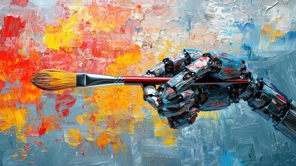Abstract art piece with a robotic hand holding a paintbrush.