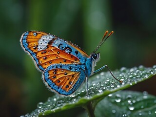 Macro Photograph of a Vibrant Butterfly with Bright Orange and Blue Wings Covered in Dew on Leaf