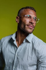 Fototapeta premium Studio portrait of a thoughtful businessman wearing glasses, looking up and away, against a vibrant green backdrop