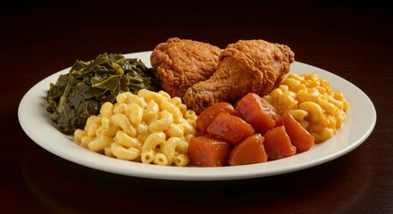 Southern comfort food fried chicken mac and cheese collard greens candied yams soul food deliciousness