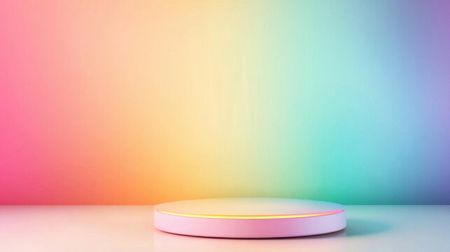Sleek circular podium with pastel pride flag theme, featuring soft gradient colors creating serene and inclusive atmosphere. Perfect for showcasing products