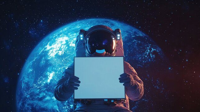 An astronaut floating in space while holding a whiteboard, Earth glowing in the background, stars and galaxies surrounding, visor reflecting the planet,