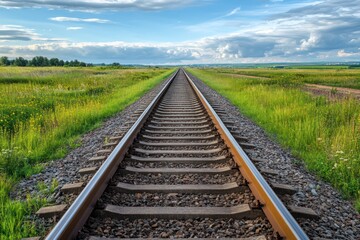 Fototapeta premium Straight railway track through grassy landscape