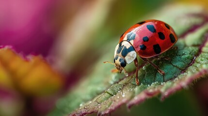A vivid close-up of a ladybug crawling on a green leaf, showcasing its shiny red shell with black spots and delicate legs in sharp macro detail.
