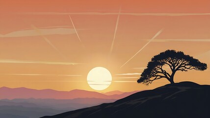 Minimalist Vector Illustration of a Single Tree on a Mountain at Sunset Ai