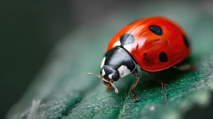 Fototapeta premium A vivid close-up of a ladybug crawling on a green leaf, showcasing its shiny red shell with black spots and delicate legs in sharp macro detail.