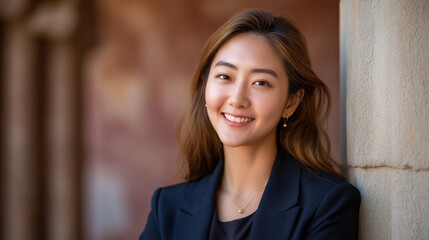 Obraz premium A smiling Asian woman in professional attire, radiating confidence and warmth.