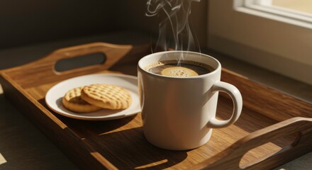 Warm coffee steaming on a sunny morning perfect treat with buttery cookies pure bliss