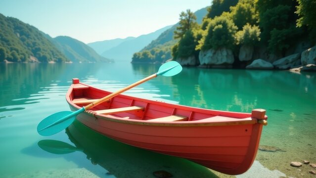 Tranquil red canoe on turquoise mountain lake in serene nature scene. - Powered by Adobe