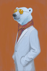 Obraz premium Stylish polar bear in white suit and sunglasses with striped scarf on orange background 
