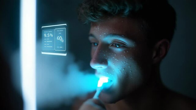 Young man brushing teeth in modern bathroom with smart display showing health metrics reflecting daily oral hygiene routine