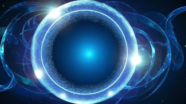 Glowing blue orb with bright lights and swirling lines on a dark background